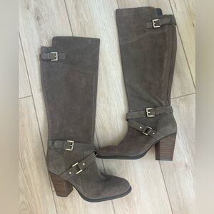 Brand New Never Been Worn Guess Taupe Heeled Boots with Buckle Strap Accents